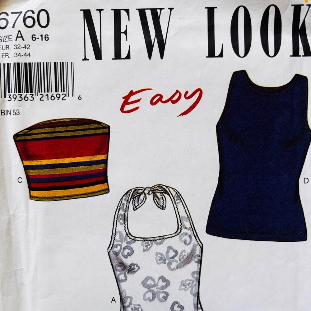 NEW LOOK 6760 Sewing Pattern for summer tops Brand New - UNCUT multi size